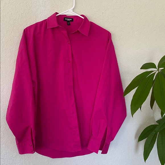 Express Tops - Preppy Express Magenta Button-Up Blouse, Office Wear